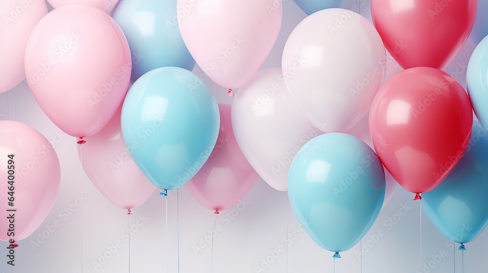 Pink and blue balloons are set against a stunning panoramic background. pastel party balloons in a group against a soft background.