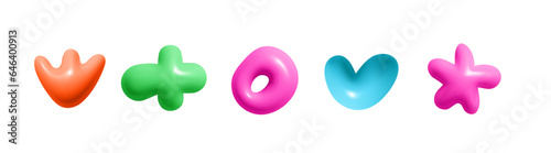 3d abstract shape element. Kid doodle object, flower, cross, ring, Vector cartoon illustration