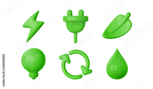 Green energy 3d icon. Recycle arrow, lightning,electric plug, leaf, light bulb, drop of water. Esg, sustainable energy, eco concept element. Vector illustration