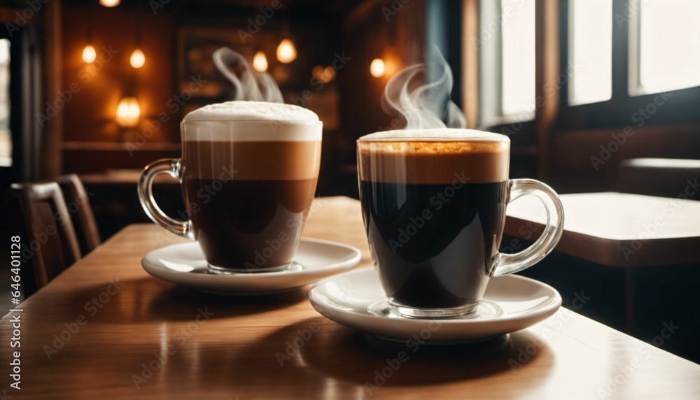 cup of hot coffee with cozy coffeehouse restaurant background, created using AI generative technology cup of hot coffee with cozy coffeehouse restaurant background, created using AI generative technology