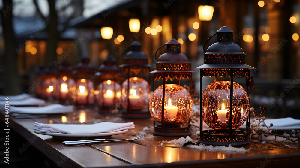 Lanterns on restaurant tables in winter