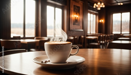 cup of hot coffee with cozy coffeehouse restaurant background, created using AI generative technology