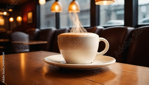 cup of hot coffee with cozy coffeehouse restaurant background, created using AI generative technology