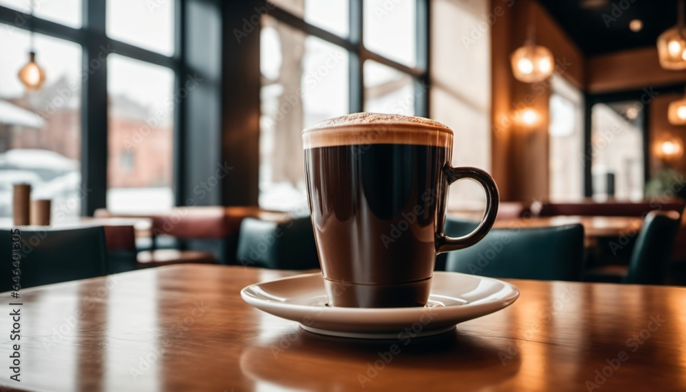 cup of hot coffee with cozy coffeehouse restaurant background, created using AI generative technology cup of hot coffee with cozy coffeehouse restaurant background, created using AI generative technology