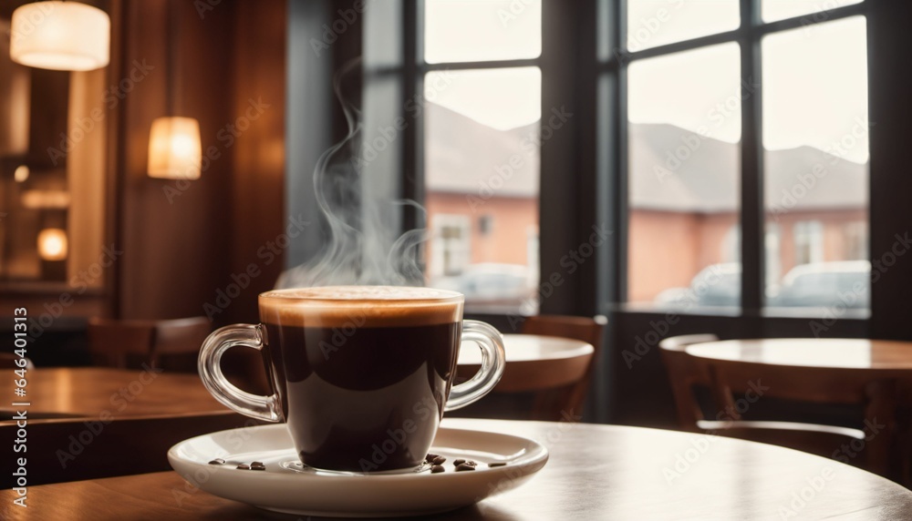 cup of hot coffee with cozy coffeehouse restaurant background, created using AI generative technology cup of hot coffee with cozy coffeehouse restaurant background, created using AI generative technology