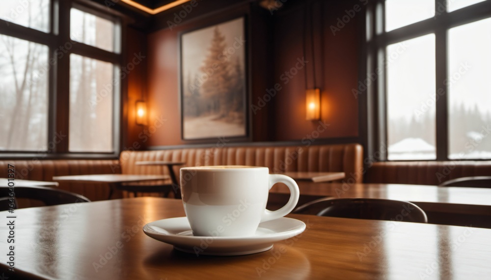 cup of hot coffee with cozy coffeehouse restaurant background, created using AI generative technology cup of hot coffee with cozy coffeehouse restaurant background, created using AI generative technology