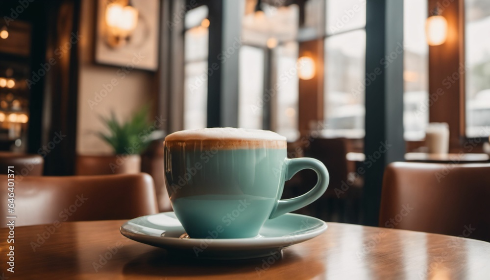 cup of hot coffee with cozy coffeehouse restaurant background, created using AI generative technology cup of hot coffee with cozy coffeehouse restaurant background, created using AI generative technology