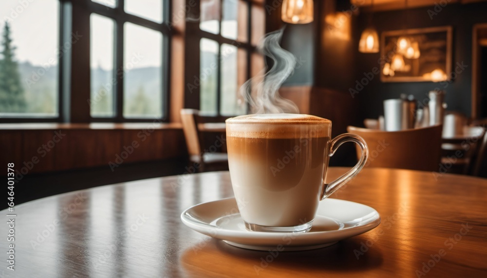 cup of hot coffee with cozy coffeehouse restaurant background, created using AI generative technology cup of hot coffee with cozy coffeehouse restaurant background, created using AI generative technology