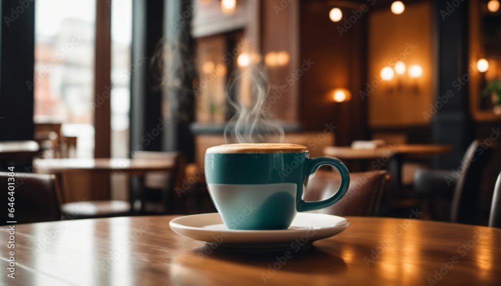 cup of hot coffee with cozy coffeehouse restaurant background, created using AI generative technology cup of hot coffee with cozy coffeehouse restaurant background, created using AI generative technology