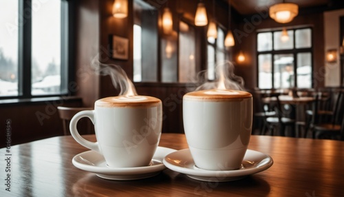 cup of hot coffee with cozy coffeehouse restaurant background  created using AI generative technology