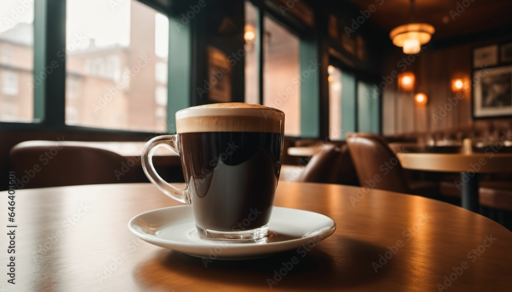 cup of hot coffee with cozy coffeehouse restaurant background, created using AI generative technology cup of hot coffee with cozy coffeehouse restaurant background, created using AI generative technology