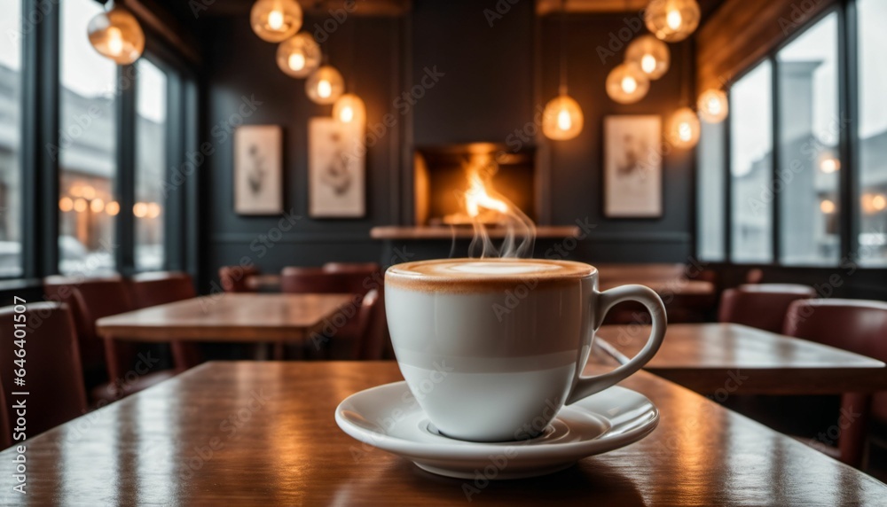 cup of hot coffee with cozy coffeehouse restaurant background, created using AI generative technology cup of hot coffee with cozy coffeehouse restaurant background, created using AI generative technology