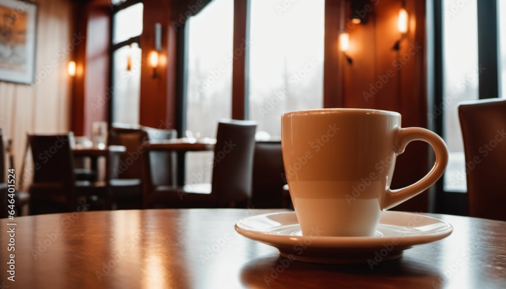 cup of hot coffee with cozy coffeehouse restaurant background, created using AI generative technology cup of hot coffee with cozy coffeehouse restaurant background, created using AI generative technology