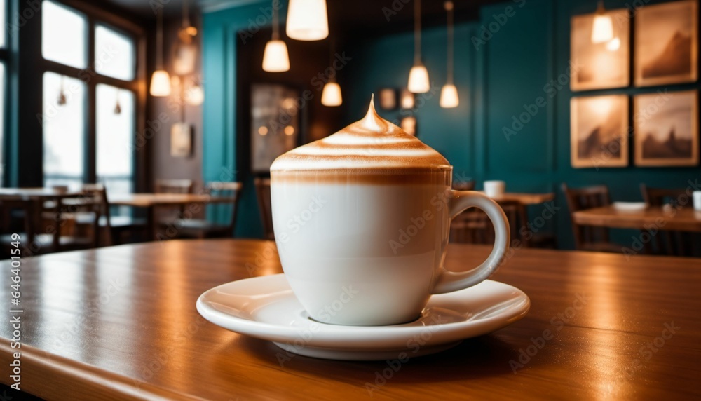 Fototapeta premium cup of hot coffee with cozy coffeehouse restaurant background, created using AI generative technology