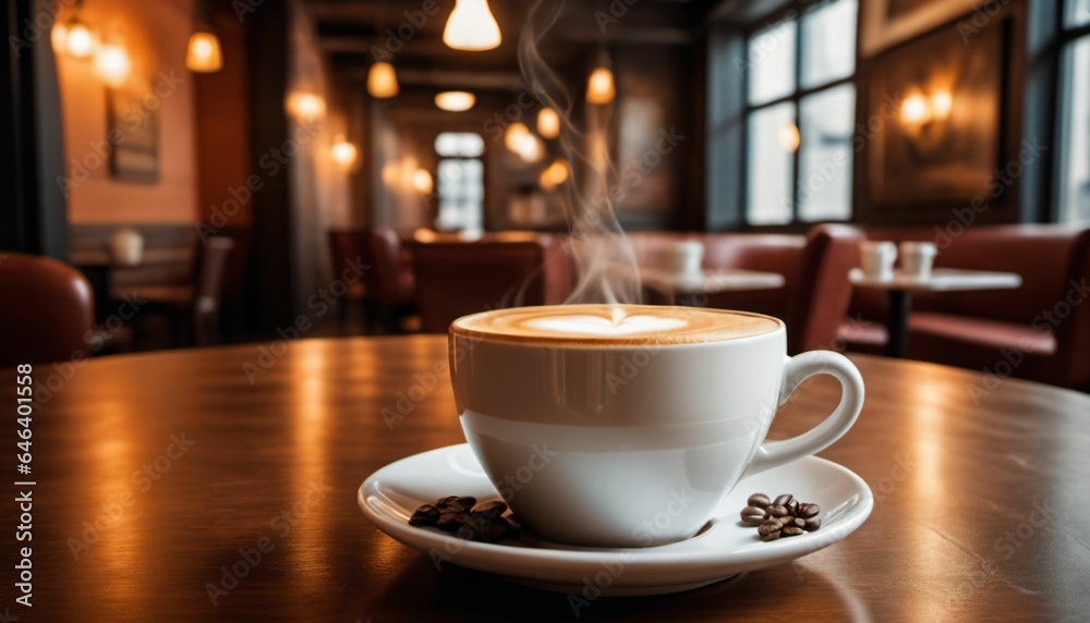 cup of hot coffee with cozy coffeehouse restaurant background, created using AI generative technology cup of hot coffee with cozy coffeehouse restaurant background, created using AI generative technology