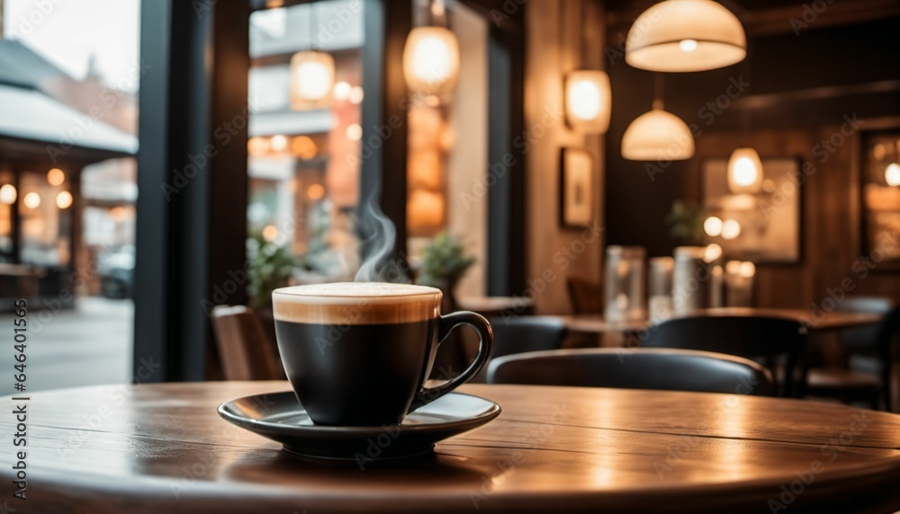 cup of hot coffee with cozy coffeehouse restaurant background, created using AI generative technology cup of hot coffee with cozy coffeehouse restaurant background, created using AI generative technology