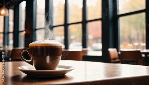 cup of hot coffee with cozy coffeehouse restaurant background, created using AI generative technology