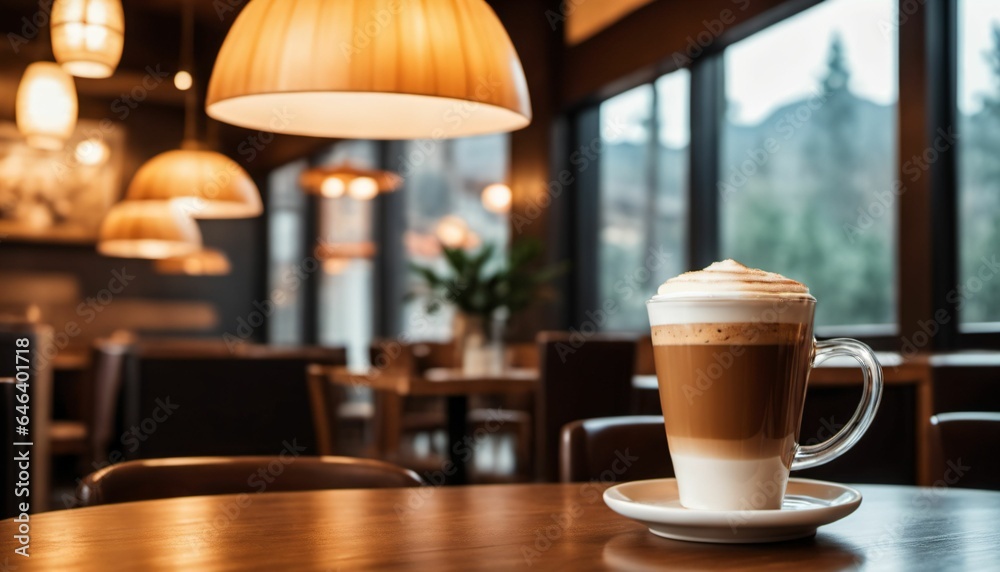 cup of hot coffee with cozy coffeehouse restaurant background, created using AI generative technology cup of hot coffee with cozy coffeehouse restaurant background, created using AI generative technology