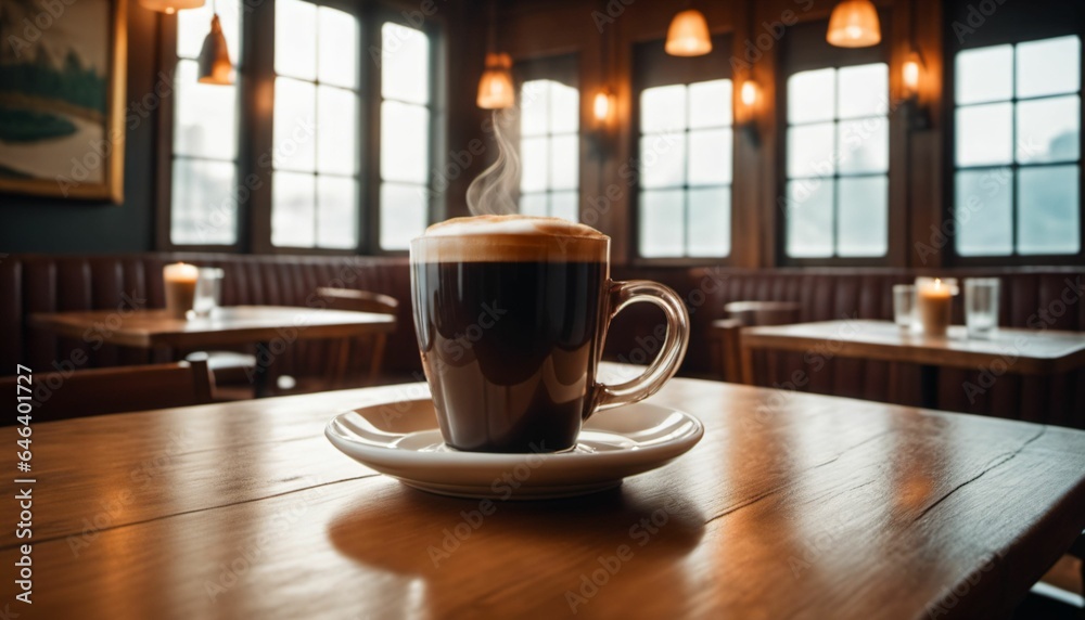 cup of hot coffee with cozy coffeehouse restaurant background, created using AI generative technology cup of hot coffee with cozy coffeehouse restaurant background, created using AI generative technology