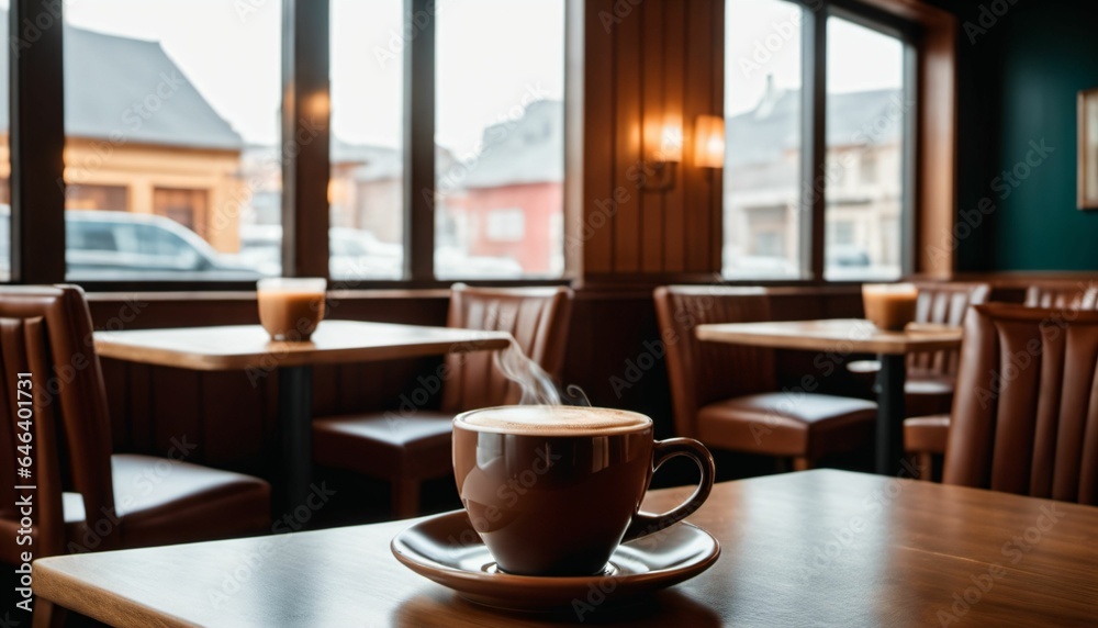 cup of hot coffee with cozy coffeehouse restaurant background, created using AI generative technology cup of hot coffee with cozy coffeehouse restaurant background, created using AI generative technology
