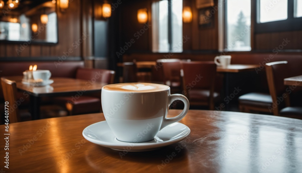 cup of hot coffee with cozy coffeehouse restaurant background, created using AI generative technology
