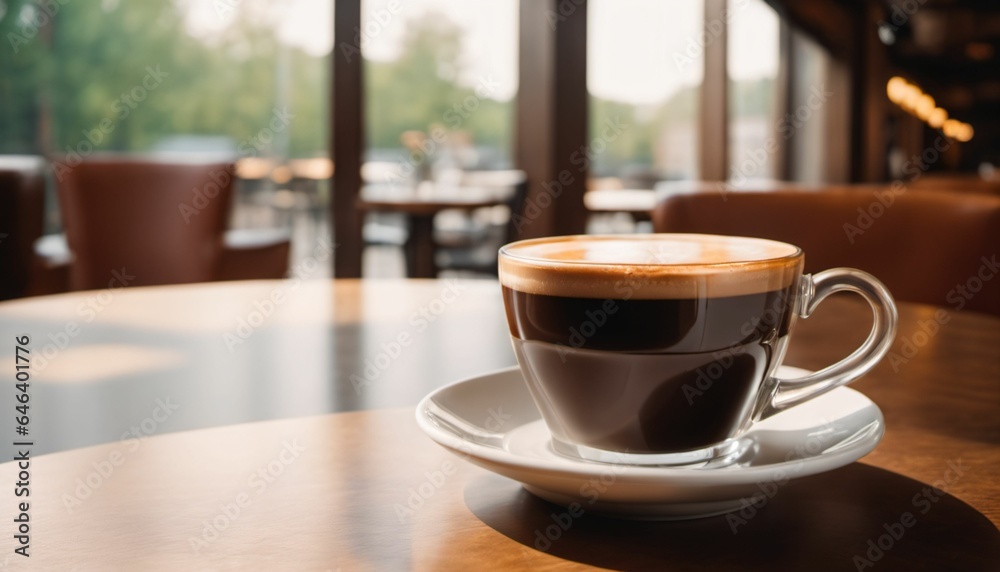 cup of hot coffee with cozy coffeehouse restaurant background, created using AI generative technology cup of hot coffee with cozy coffeehouse restaurant background, created using AI generative technology