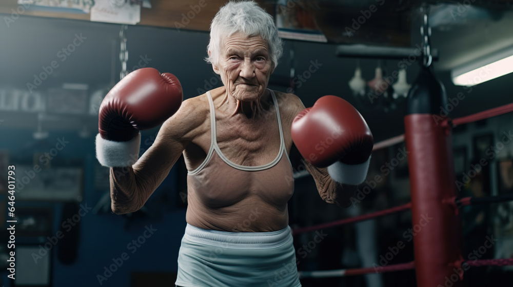 Senior woman exhibiting strength and resilience as a boxer