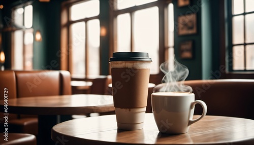 cup of hot coffee with cozy coffeehouse restaurant background, created using AI generative technology