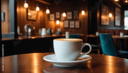 cup of hot coffee with cozy coffeehouse restaurant background  created using AI generative technology