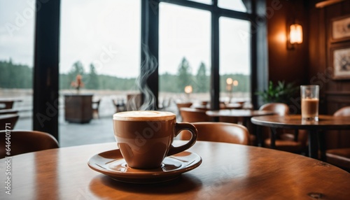cup of hot coffee with cozy coffeehouse restaurant background  created using AI generative technology