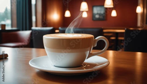 cup of hot coffee with cozy coffeehouse restaurant background, created using AI generative technology