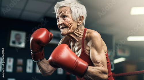 Senior woman exhibiting strength and resilience as a boxer © arhendrix