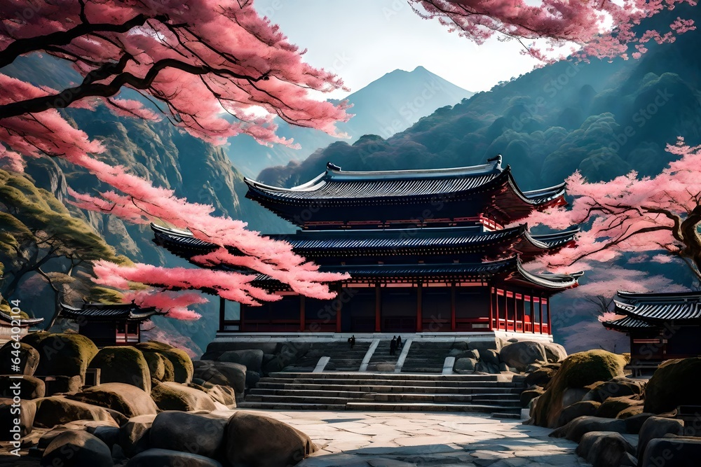 Naklejka premium Japanese Temple In Mountains Surrounded By Beautiful Sakura Blossoms 