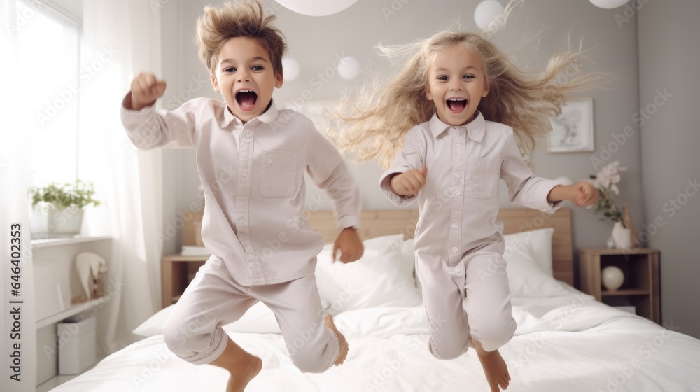Children jumping on a bed in a bedroom because they are super happy Children jumping on a bed in a bedroom because they are super happy