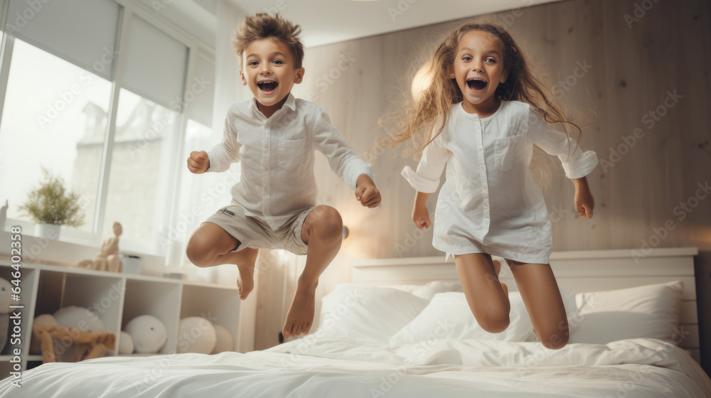 Children jumping on a bed in a bedroom because they are super happy