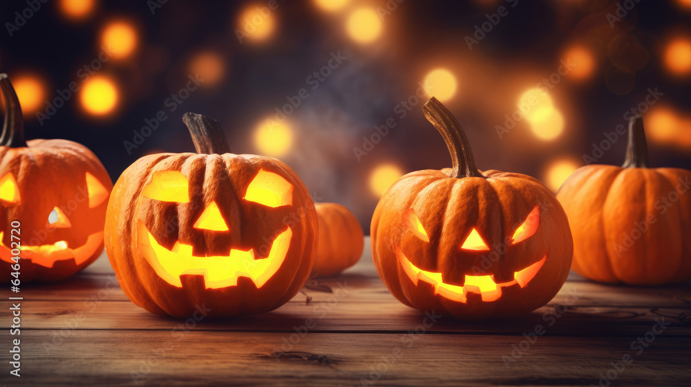 Halloween 2023, orange pumpkins on a wooden table on a bokeh glowing background Halloween 2023, orange pumpkins on a wooden table on a bokeh glowing background