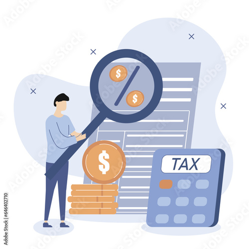 Tax declaration concept. A character is standing next to a tax form and looking for the percentage of taxes to be paid. Vector illustration.
