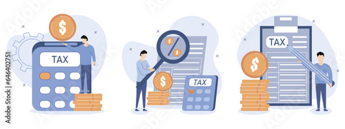 Taxes illustration set.  Taxation planning concept.Characters fill out a tax declaration, calculate the amount of taxes paid, pay taxes. Vector illustration.