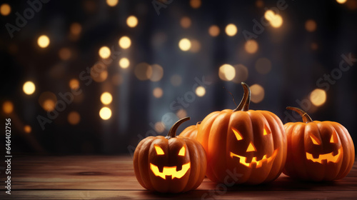 Halloween 2023, orange pumpkins on a wooden table on a bokeh glowing background