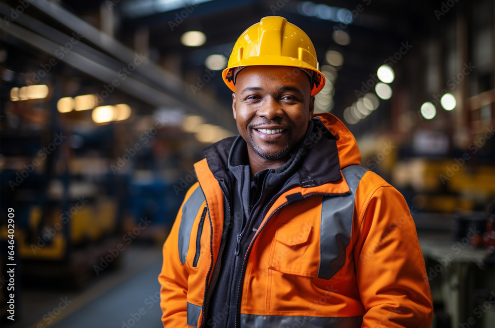 Portrait of smiling african american worker in hardhat standing in warehouse Portrait of smiling african american worker in hardhat standing in warehouse