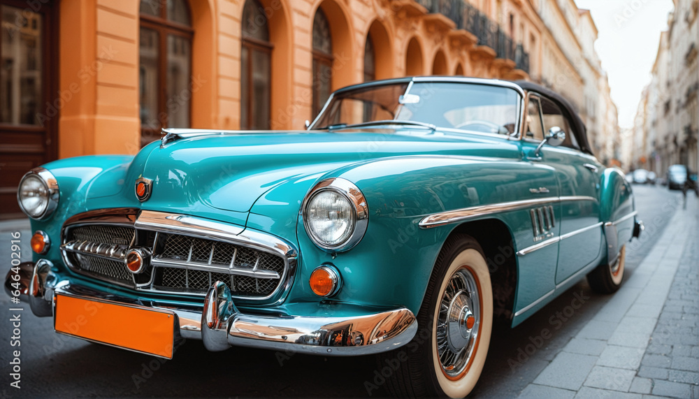 front side view of teal colored oldtimer car parked in city, empty orange plate and walls in background, generative AI