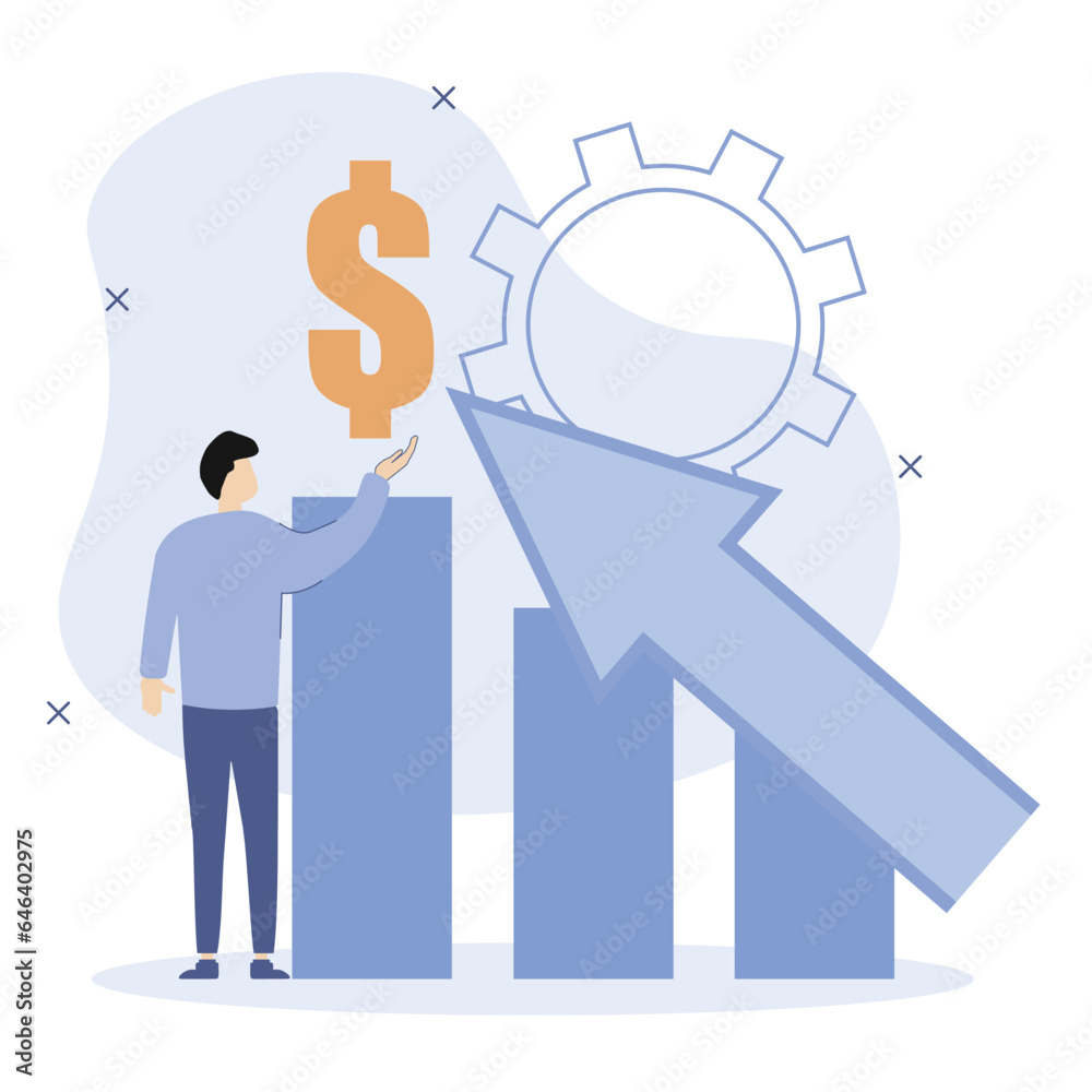 Finance illustration. A young man holds a dollar in his hands. Observes an increase in his assets. Money increasing concept. Vector illustration. Finance illustration. A young man holds a dollar in his hands. Observes an increase in his assets. Money increasing concept. Vector illustration.