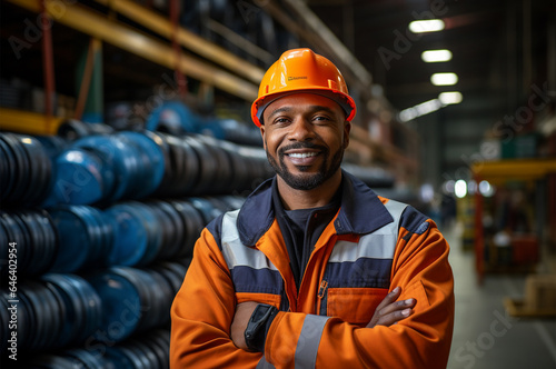 Portrait of smiling african american worker in hardhat standing in warehouse