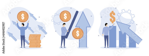 llustration set of money growth. Characters increase investments, calculate their own income and watch money grow. The concept of increasing money. Vector illustration. 