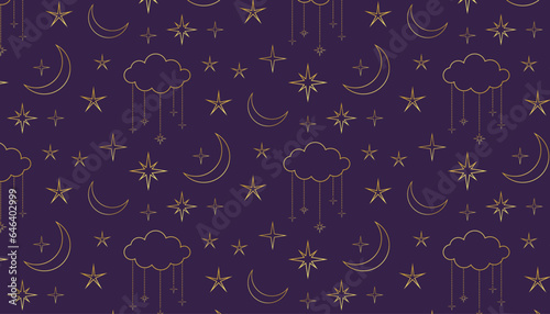 vector seamless pattern with golden metallic stars, moons and clouds on purple background. night sky line art pattern. astrology, numerology, tarot, horoscope, magic, witch, halloween pattern