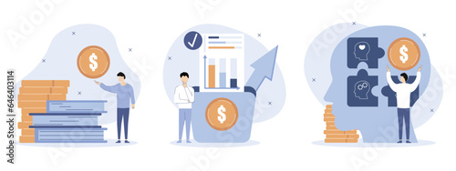 Illustrations of finance and education set. The concept of personal finance management and financial literacy. Characters invest in their education and analyze the costs. Vector illustration.