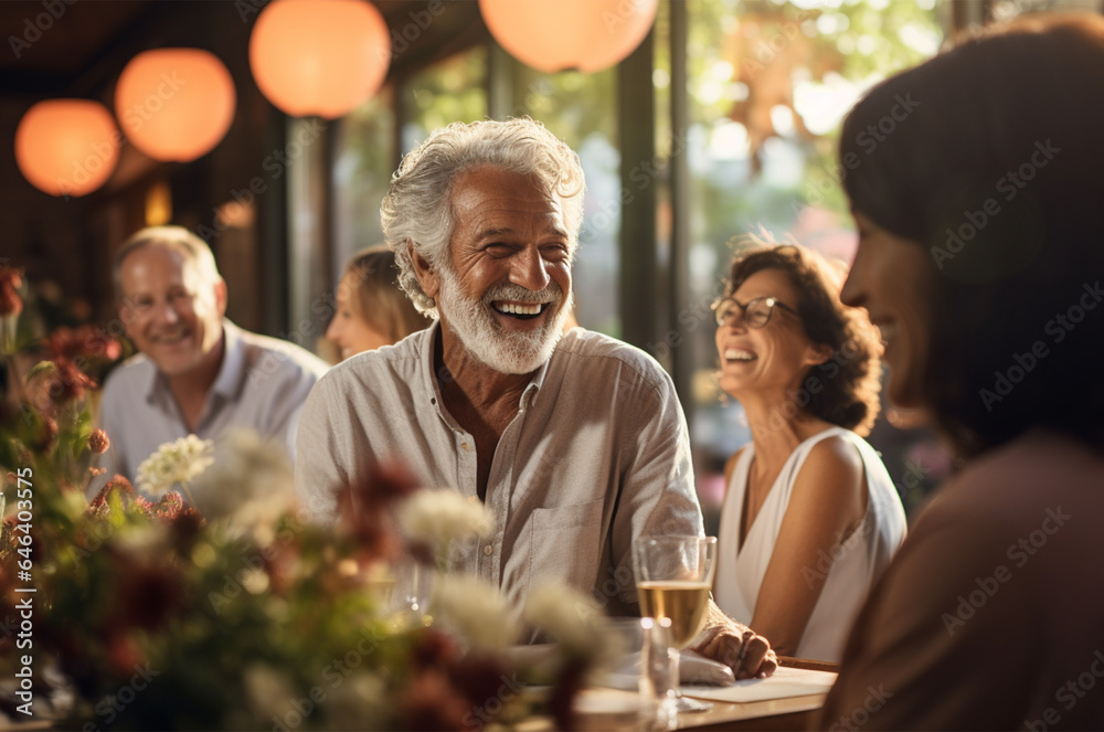 Beautiful senior couple sitting at a table in a restaurant, talking and smiling Beautiful senior couple sitting at a table in a restaurant, talking and smiling