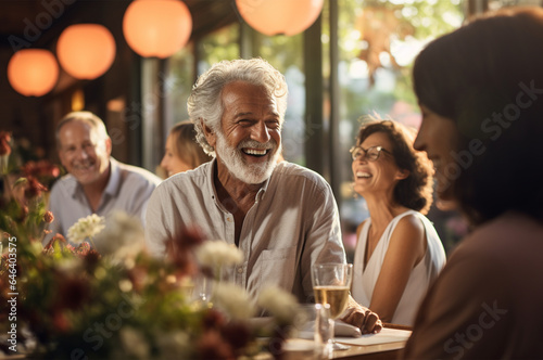 Beautiful senior couple sitting at a table in a restaurant, talking and smiling