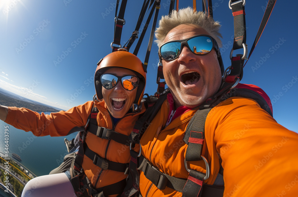 Happy couple taking selfie with paraglider in the mountains