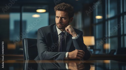 Business man thinking about a difficult and very important deciision he has to make in his office in the city at night, evening, business, businessman, think, boss, highpay job, leader, ceo